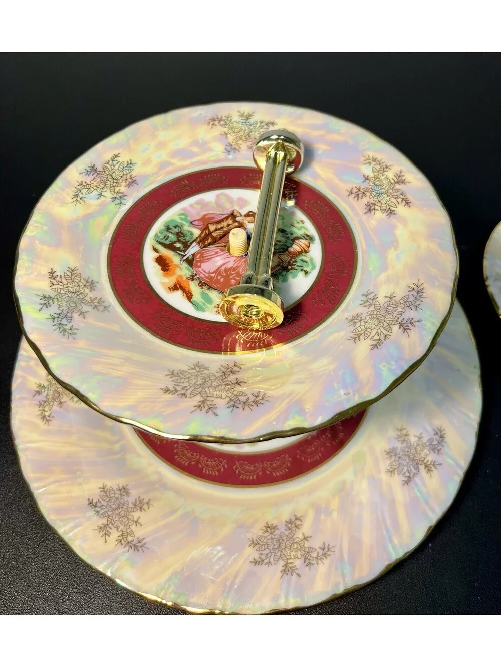 Yau Shing YS Hong Kong 1940s 3-Tier Cake Stand Iridescent Lustre Fragonard, 14”